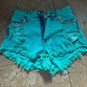 Studded Teal Denim Shorts